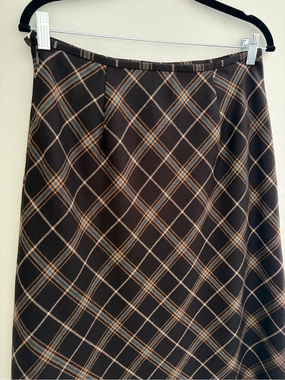 Vintage Dana Buchman Chocolate Brown 100% Wool Plaid A-Line Maxi Skirt Hong Kong - Picture 7 of 9
